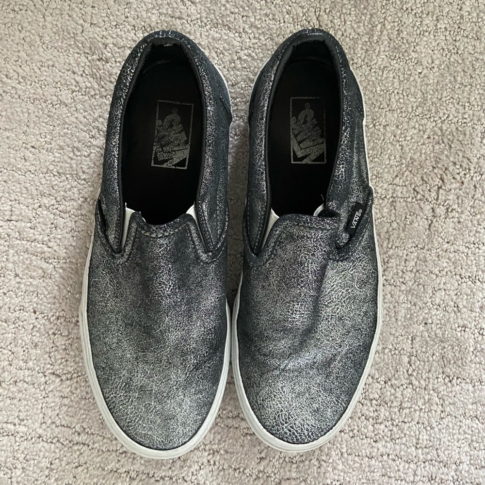 Vans Crackled Silver Slip On Sneakers